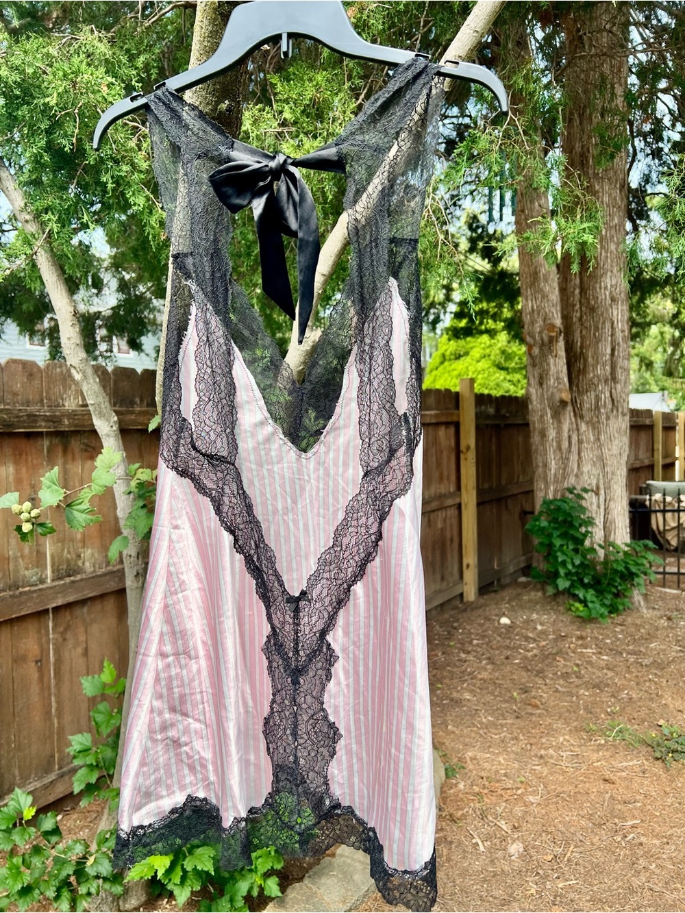 Victoria’s Secret pink striped satin black lace negligee teddy babydoll rare M